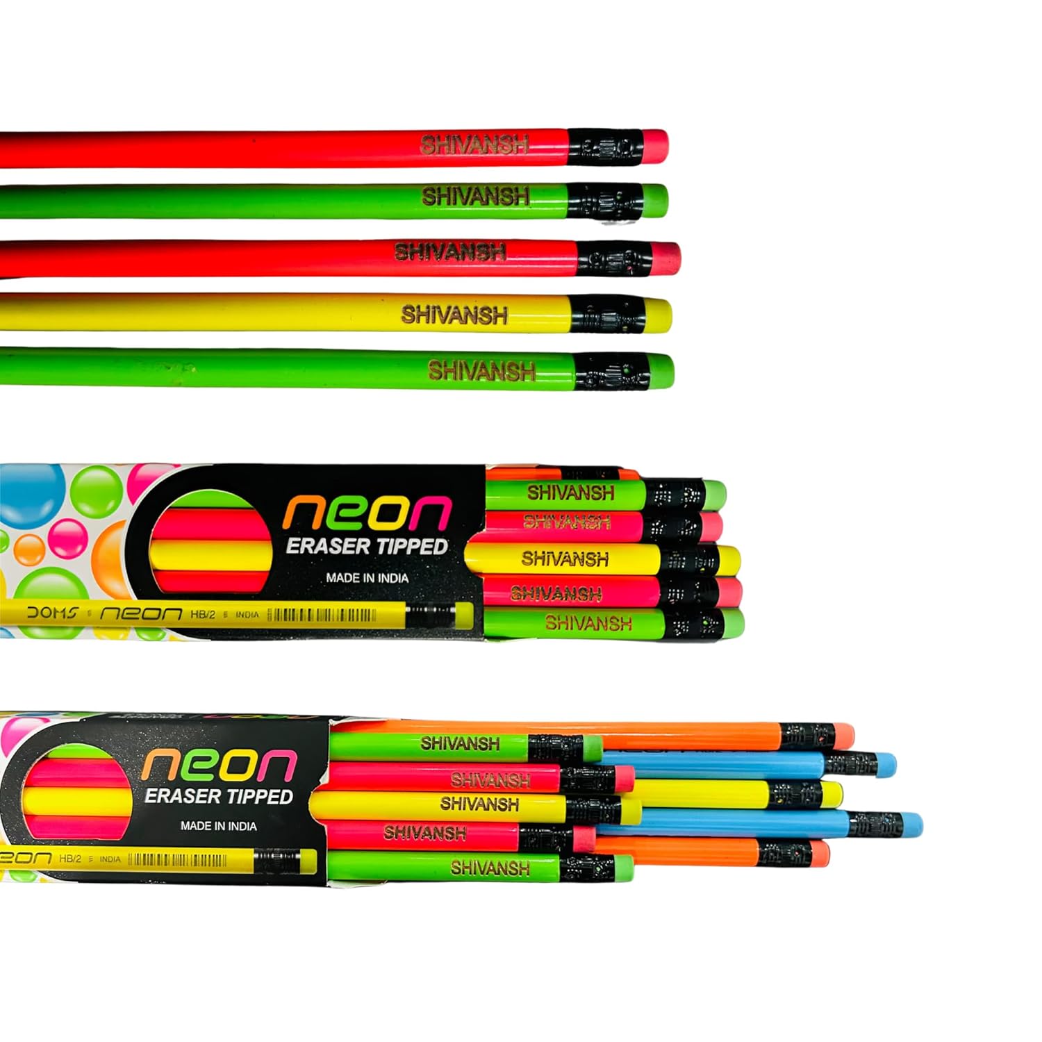 Personalized Name Pencil Set – Neon Multicolour Round Pencils (Pack of 10)