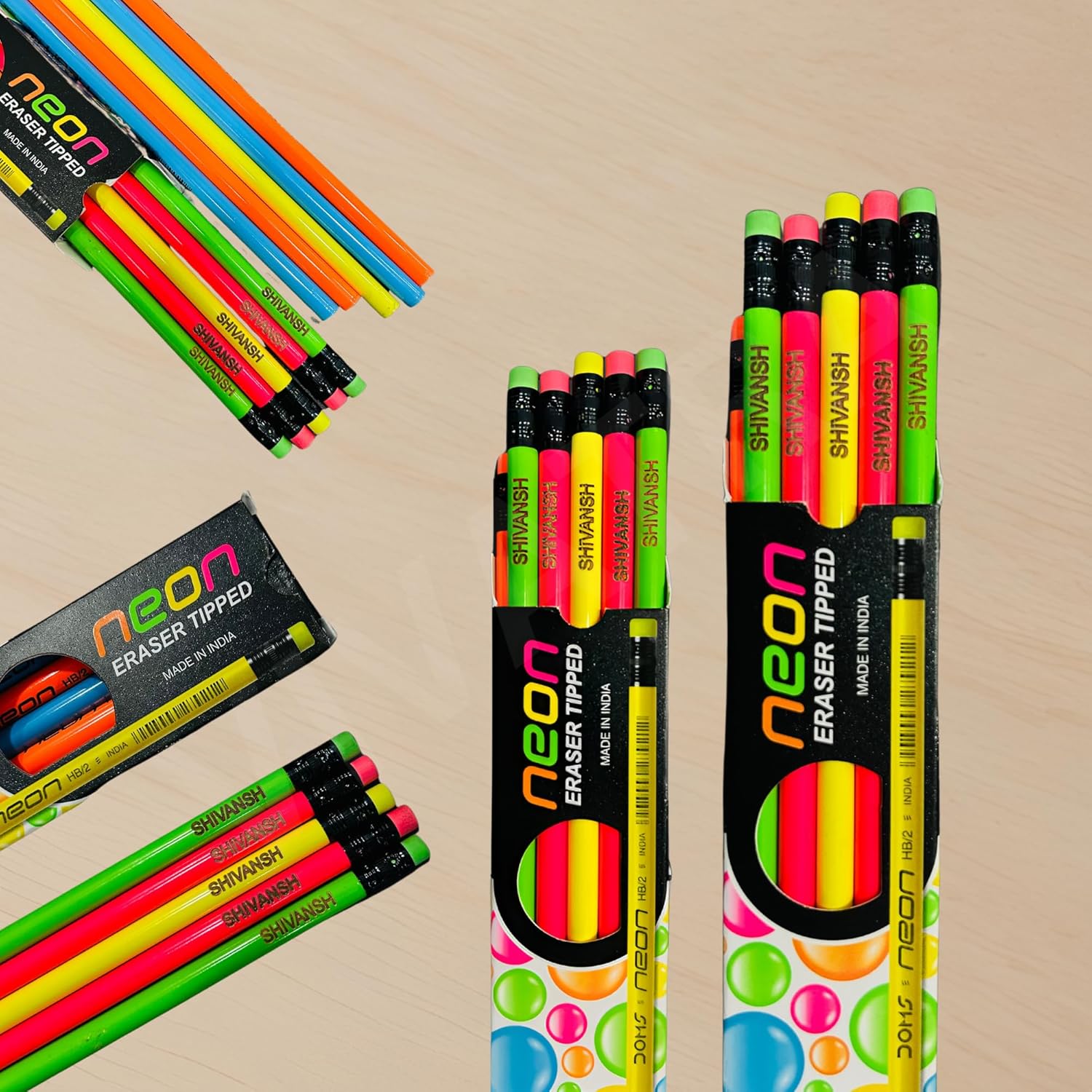 Personalized Name Pencil Set – Neon Multicolour Round Pencils (Pack of 10)
