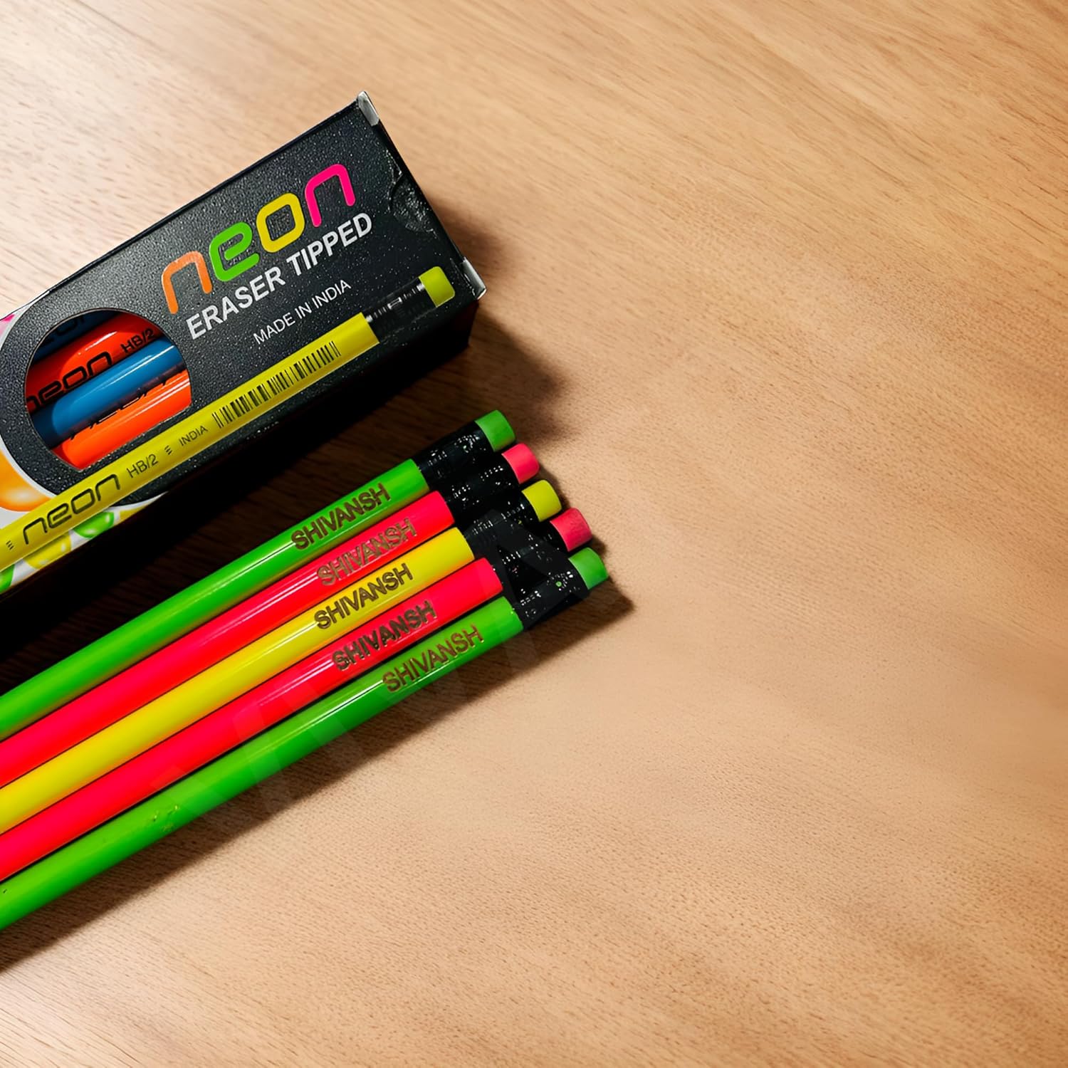 Personalized Name Pencil Set – Neon Multicolour Round Pencils (Pack of 10)
