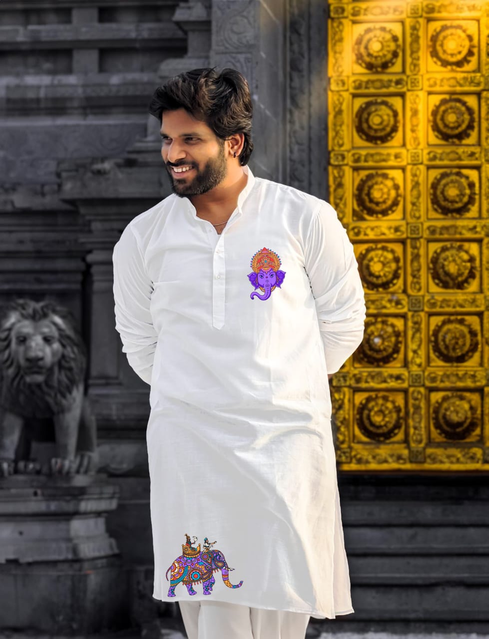 Custom White Kurta with Ganesh Print – Elegant &amp; Spiritual Wear