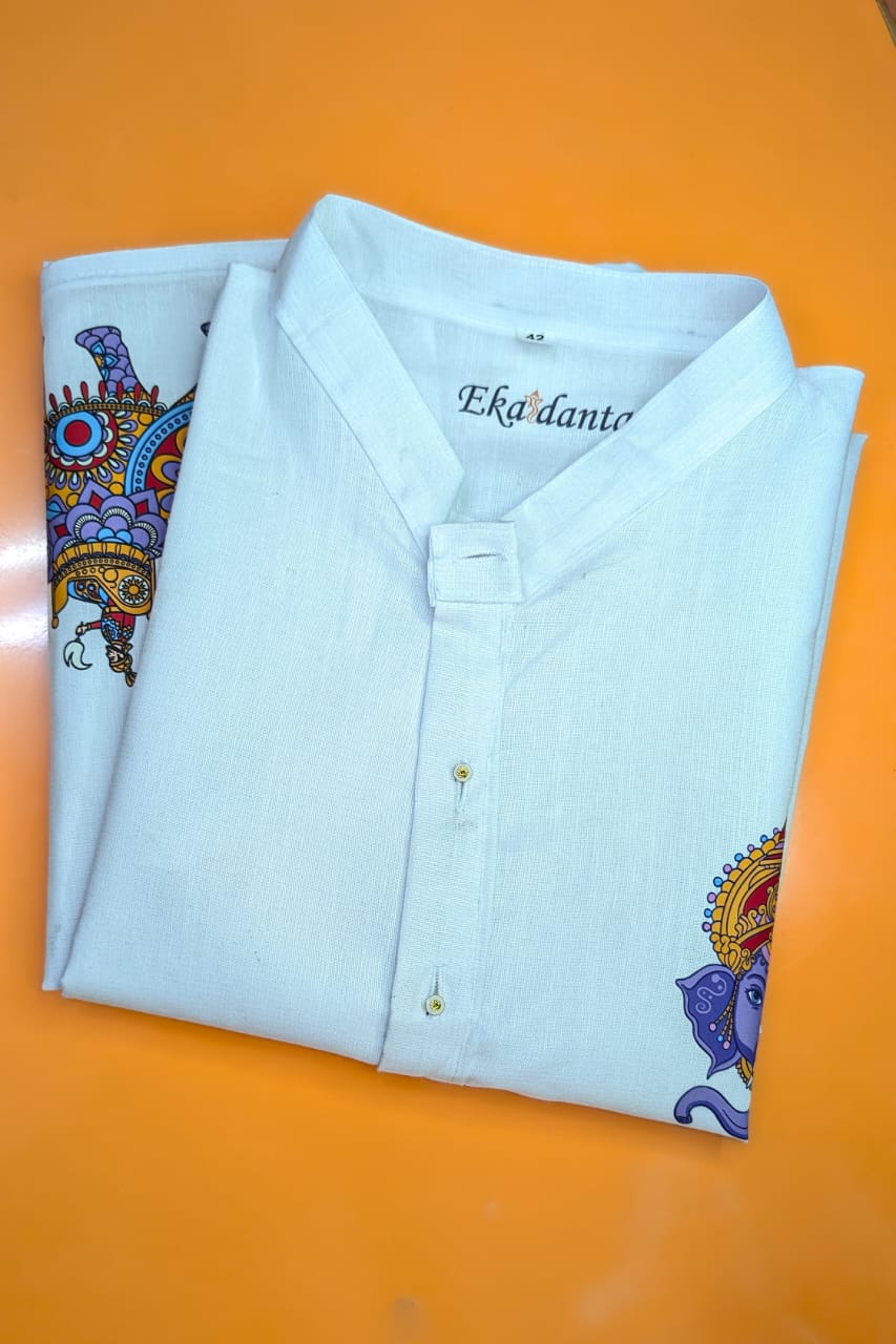 Custom White Kurta with Ganesh Print – Elegant &amp; Spiritual Wear